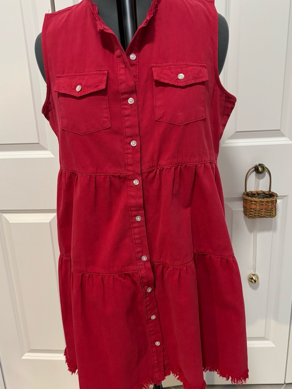 Sleeveless Tiered Button-Front Dress in Red